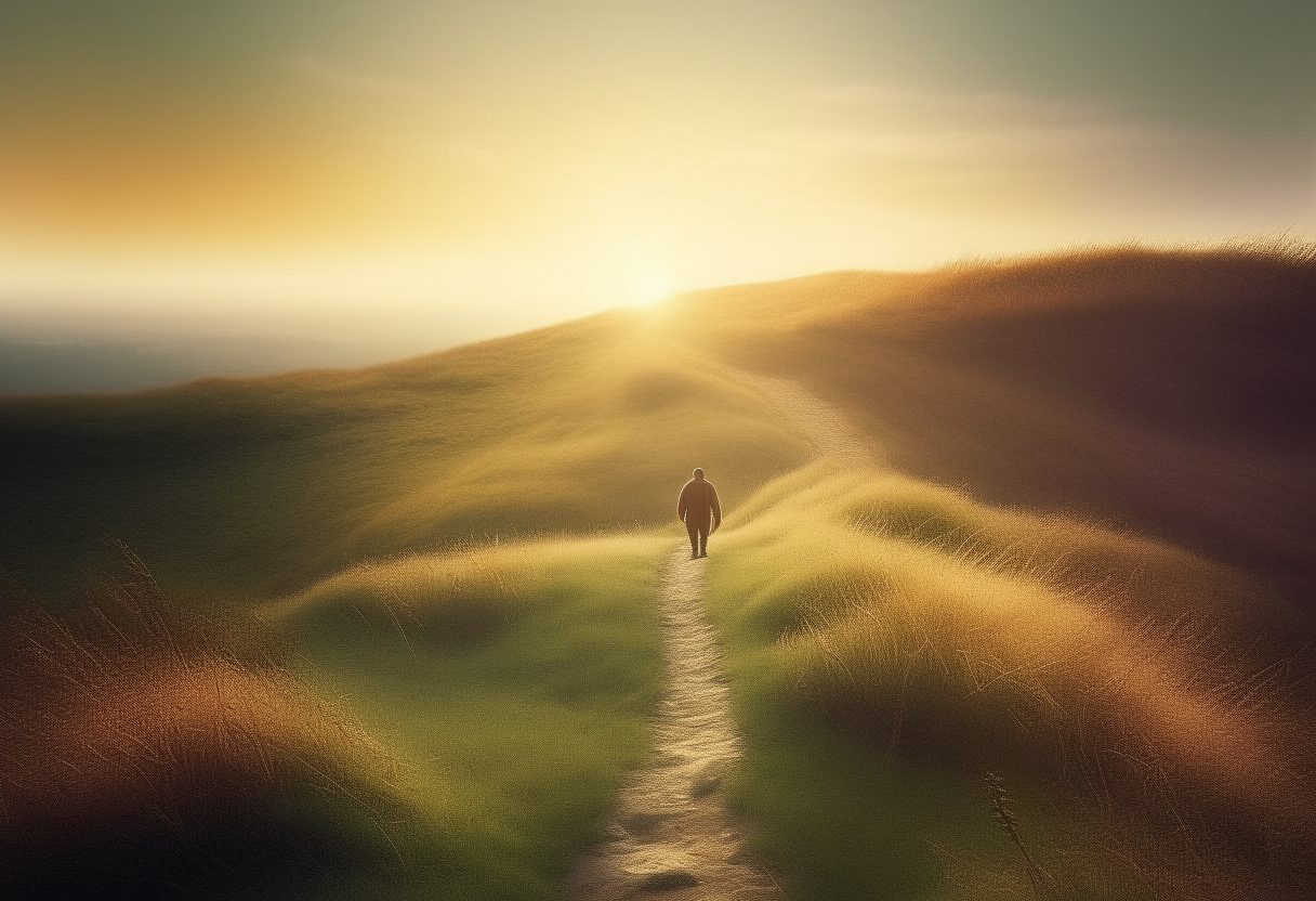 8. A scene of a person walking down a winding path toward a bright light on the horizon, representing the journey of spiritual quest.