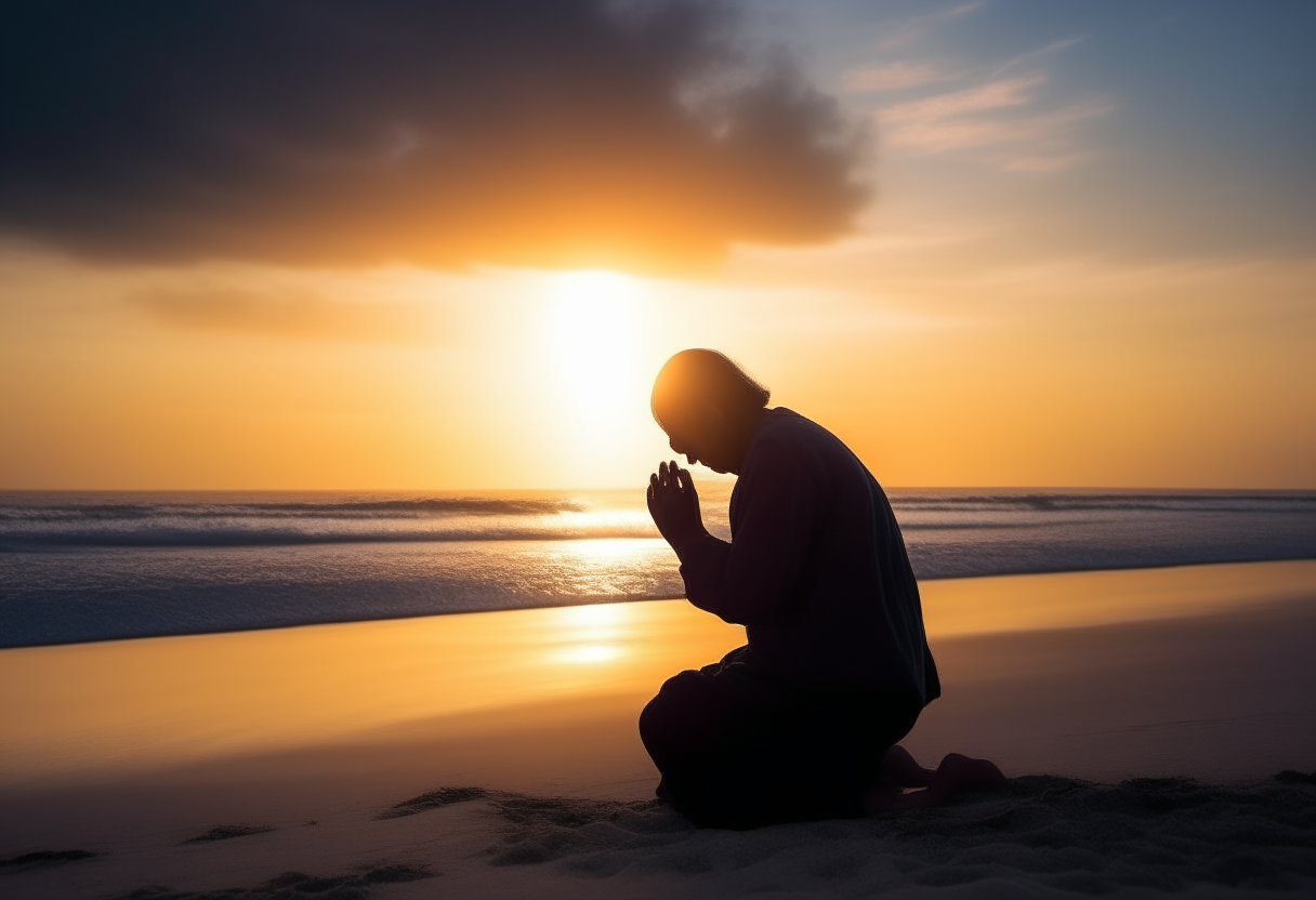 Create the image of a person praying on the beach in the morning with the sunrise in the background
