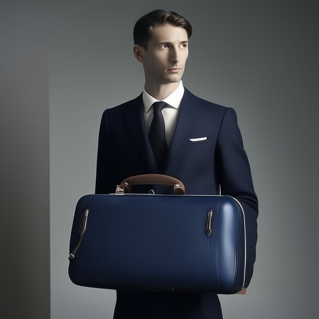 a man wearing a navy blue suit and tie, facing forward with briefcase