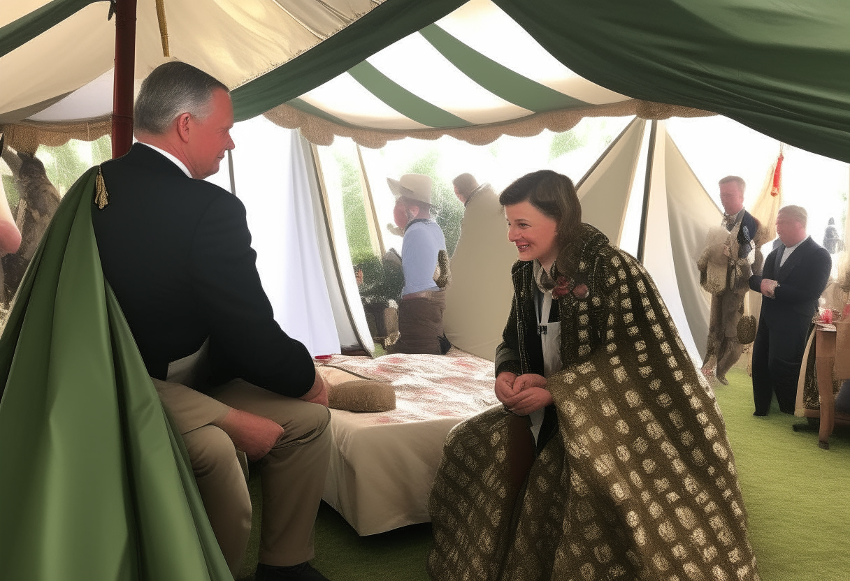 The minister bothering the  beautiful queen in the tent 