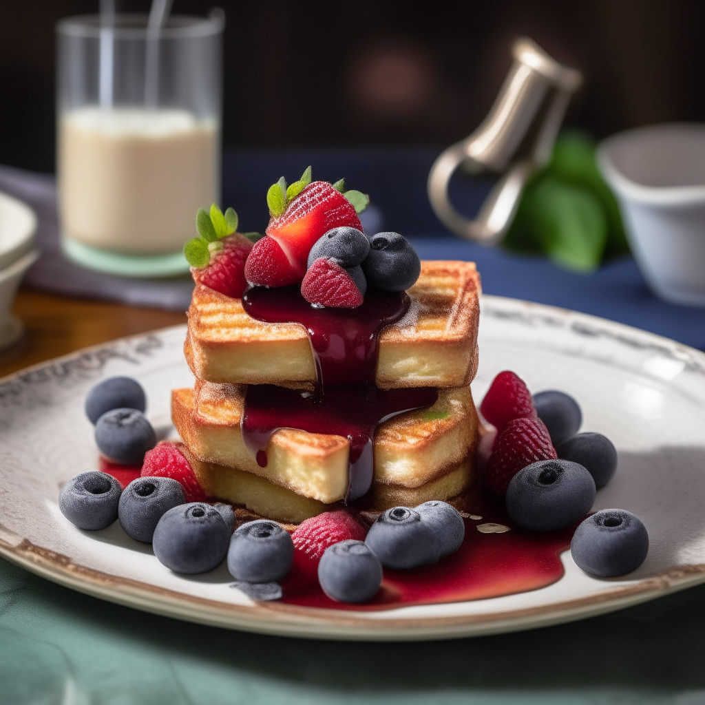 A beautifully plated French toast stack sits on a white porcelain plate. The golden-brown toast slices are lightly dusted with powdered sugar. A vibrant berry compote, featuring blueberries, raspberries, and sliced strawberries, generously drizzles down the sides. The dish is garnished with fresh mint leaves. The plate is positioned on a wooden bed tray with a pair of silver forks and a white, folded napkin. high resolution photorealistic