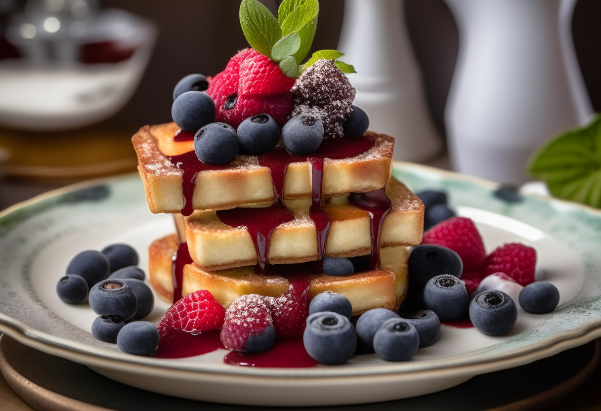 A beautifully plated French toast stack sits on a white porcelain plate. The golden-brown toast slices are lightly dusted with powdered sugar. A vibrant berry compote, featuring blueberries, raspberries, and sliced strawberries, generously drizzles down the sides. The dish is garnished with fresh mint leaves. The plate is positioned on a wooden bed tray with a pair of silver forks and a white, folded napkin. high resolution photorealistic