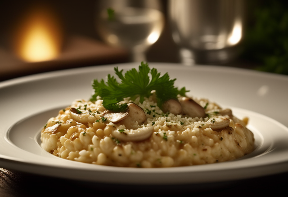 A close-up of a white, deep-dish plate filled with creamy mushroom risotto, showcasing its luxurious texture. The golden-brown, sautéed mushrooms are scattered atop and throughout the risotto. Garnished with finely chopped parsley and freshly grated Parmesan, the dish exudes a warm, inviting glow under soft, ambient lighting. high resolution photorealistic