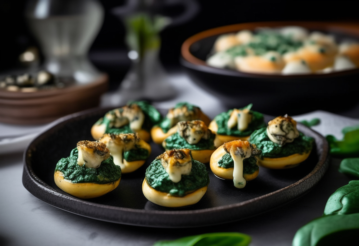 A platter of Spinach and Cheese Stuffed Mushrooms is presented, with each mushroom cap generously filled with a vibrant green and white mixture. The cheese is melted and golden, while the spinach retains its bright color, providing a delightful contrast. The mushrooms are arranged neatly on a stylish, black serving tray, accompanied by a small dipping sauce on the side, ready for guests to enjoy. high resolution photorealistic