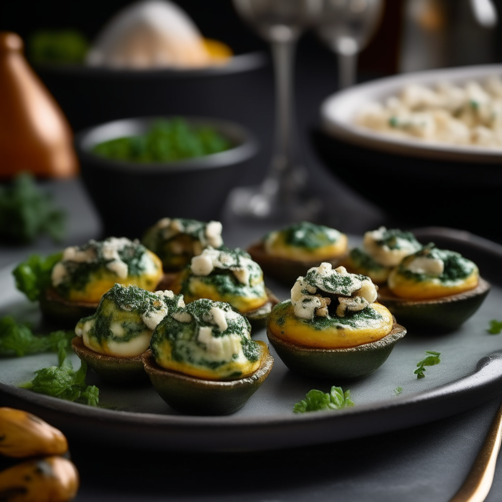 A platter of Spinach and Cheese Stuffed Mushrooms is presented, with each mushroom cap generously filled with a vibrant green and white mixture. The cheese is melted and golden, while the spinach retains its bright color, providing a delightful contrast. The mushrooms are arranged neatly on a stylish, black serving tray, accompanied by a small dipping sauce on the side, ready for guests to enjoy.