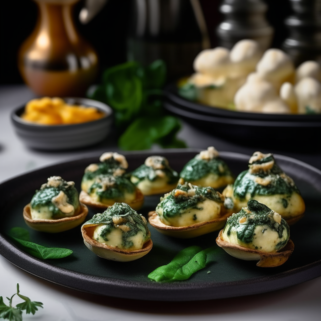 A platter of Spinach and Cheese Stuffed Mushrooms is presented, with each mushroom cap generously filled with a vibrant green and white mixture. The cheese is melted and golden, while the spinach retains its bright color, providing a delightful contrast. The mushrooms are arranged neatly on a stylish, black serving tray, accompanied by a small dipping sauce on the side, ready for guests to enjoy.