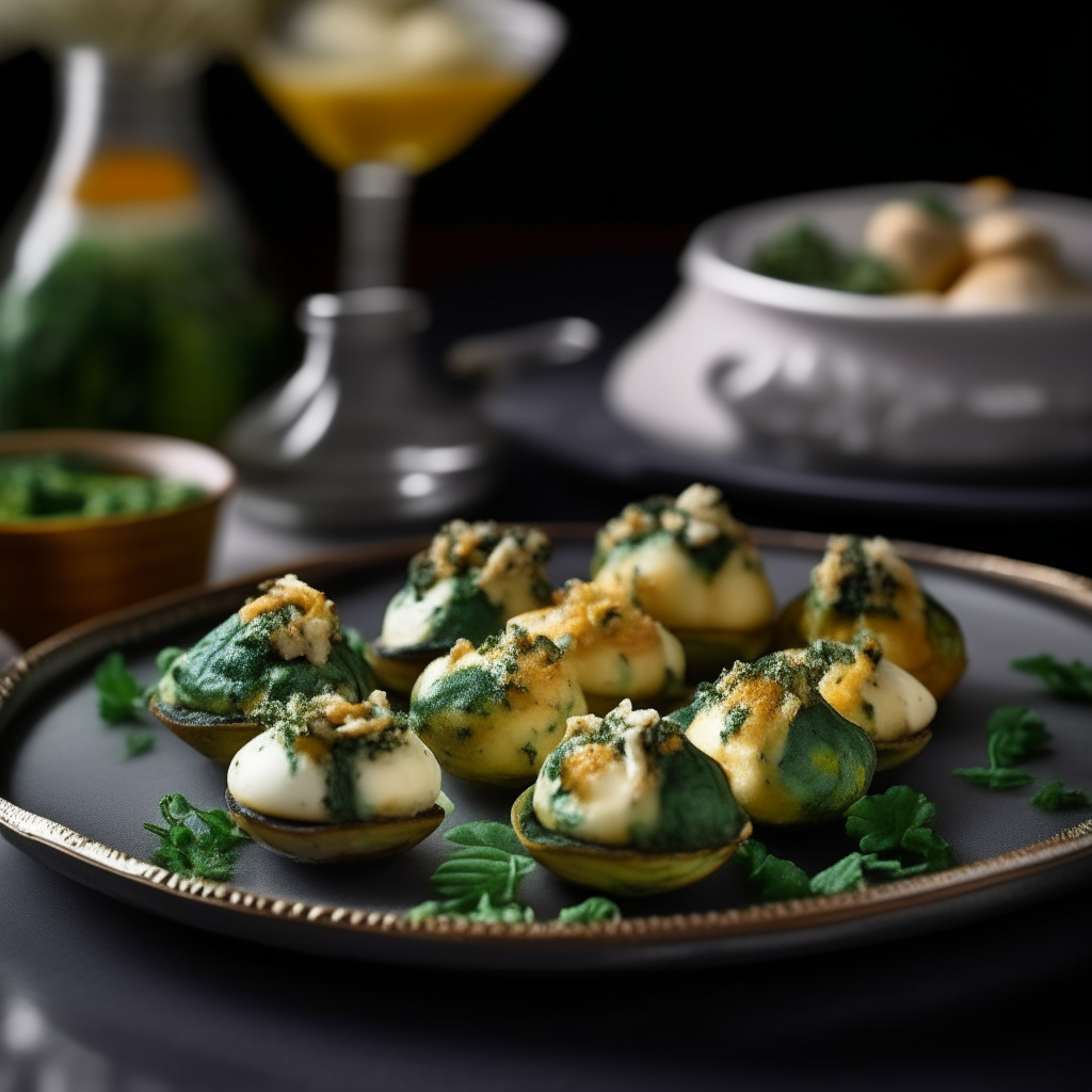 A platter of Spinach and Cheese Stuffed Mushrooms is presented, with each mushroom cap generously filled with a vibrant green and white mixture. The cheese is melted and golden, while the spinach retains its bright color, providing a delightful contrast. The mushrooms are arranged neatly on a stylish, black serving tray, accompanied by a small dipping sauce on the side, ready for guests to enjoy.