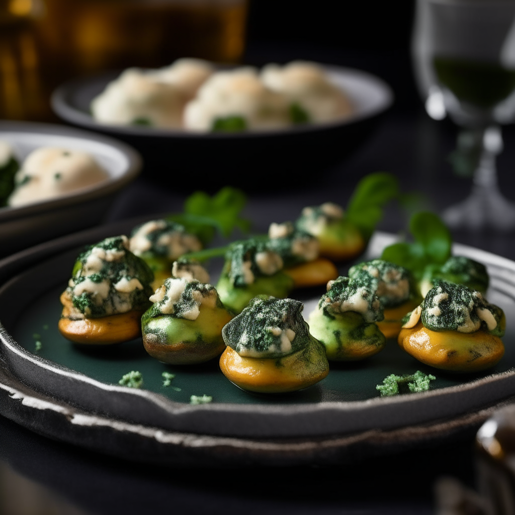 A platter of Spinach and Cheese Stuffed Mushrooms is presented, with each mushroom cap generously filled with a vibrant green and white mixture. The cheese is melted and golden, while the spinach retains its bright color, providing a delightful contrast. The mushrooms are arranged neatly on a stylish, black serving tray, accompanied by a small dipping sauce on the side, ready for guests to enjoy.