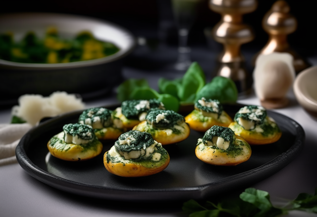 A platter of Spinach and Cheese Stuffed Mushrooms is presented, with each mushroom cap generously filled with a vibrant green and white mixture. The cheese is melted and golden, while the spinach retains its bright color, providing a delightful contrast. The mushrooms are arranged neatly on a stylish, black serving tray, accompanied by a small dipping sauce on the side, ready for guests to enjoy.