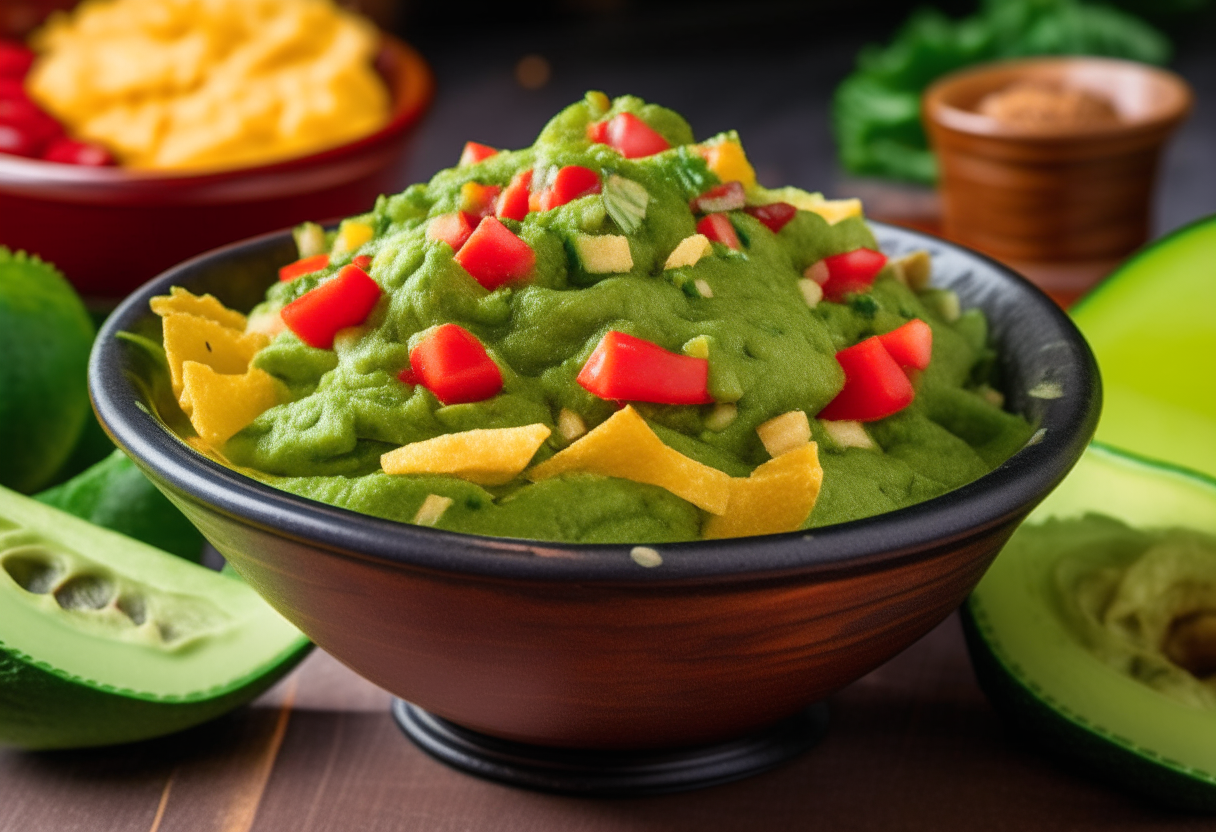 A vibrant, inviting bowl of freshly made guacamole is placed at the center, surrounded by golden, crisp tortilla chips, some of which are partially dipped into the guacamole. The guacamole is chunky with visible pieces of avocado, diced tomatoes, and finely chopped cilantro, providing a lively, colorful appearance.