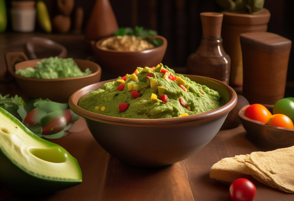 The scene is set on a rustic wooden table, with a vibrant atmosphere in the background suggesting a lively game night. A crafted ceramic bowl in earthy tones cradles a mound of freshly made guacamole at the center. This guacamole is vivid, with chunky avocados, diced ripe tomatoes, and finely chopped cilantro making it a feast for the eyes. Scattered around are golden, homemade tortilla chips, some partially submerged into the guacamole, inviting guests to grab one. The arrangement is casual yet enticing, perfectly suited for a night of games and laughter.