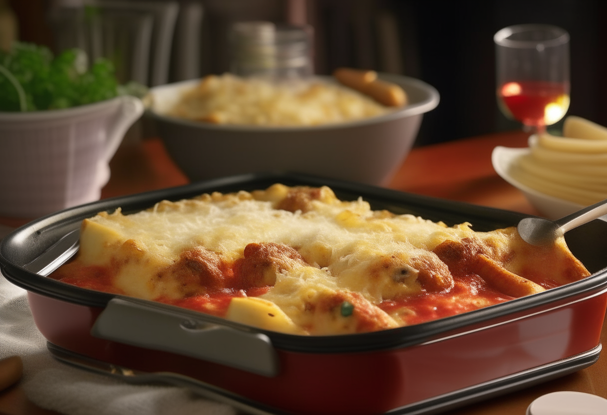 Positioned on a homely kitchen table set for game night, a deep, ceramic baking dish reveals layers of baked ziti, melted cheeses, and rich tomato sauce. The cheeses on top are golden and bubbling, while a serving spoon reveals the layers of pasta and sauce beneath. The warm glow of overhead lights accentuates the cozy ambiance, making the dish appear even more inviting.