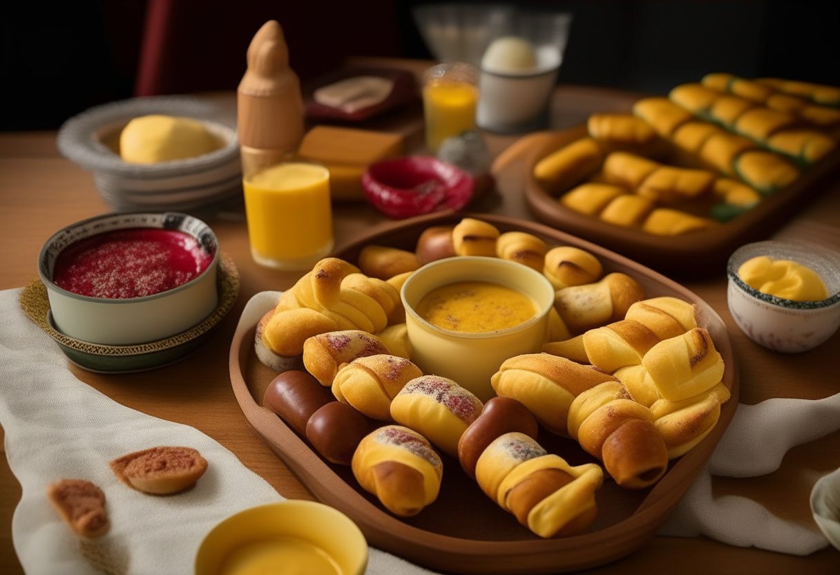 On a laid-back, festive game night, a platter is placed on a coffee table amidst board games and cards. This platter showcases perfectly baked Pigs in a Blanket, with the mini sausages wrapped snugly in golden, flaky pastry. Beside it, a small bowl of spicy mustard dip adds a dash of bright yellow, inviting guests to take a dip. The table is casually set, highlighting the informal and cozy vibe of the gathering.