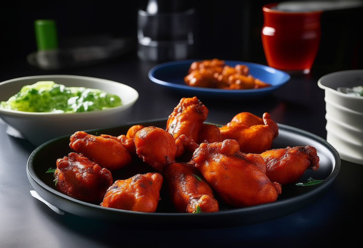 Set against the backdrop of a lively game night, a plate of Spicy Chicken Wings glistens under the ambient light. Each wing is coated with a glossy, fiery-red sauce, providing a visual hint of the heat contained within. Adjacent to the wings, a small bowl of creamy Blue Cheese Dip sits, offering a cooling counterpoint to the spice. Game controllers and a vibrant board game are subtly visible in the background, enhancing the playful atmosphere of the setting.