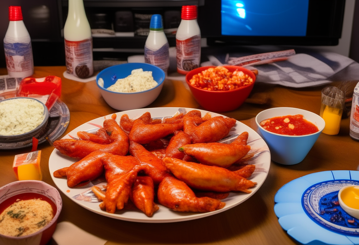 Spicy chicken wings coated in a fiery red hot sauce are arranged on a plate atop a table set up for game night. Game controllers, cards, and snacks surround the wings. A bowl of creamy blue cheese dip sits next to the plate of wings, ready to cool down their heat.