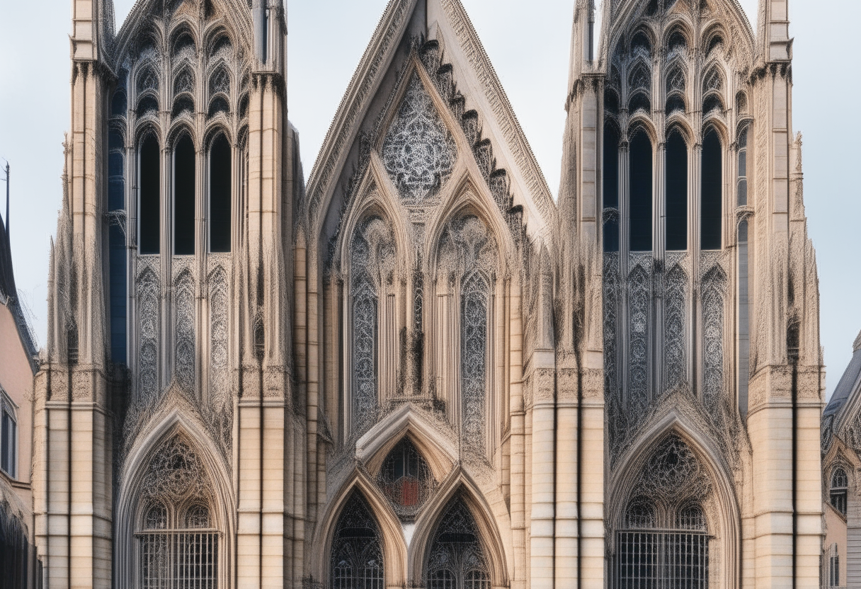 A front view of a Gothic cathedral, cut from patterned paper. Tall arched windows and ornate doors, statues in alcoves. Intricate stonework and tracery visible along the edges.