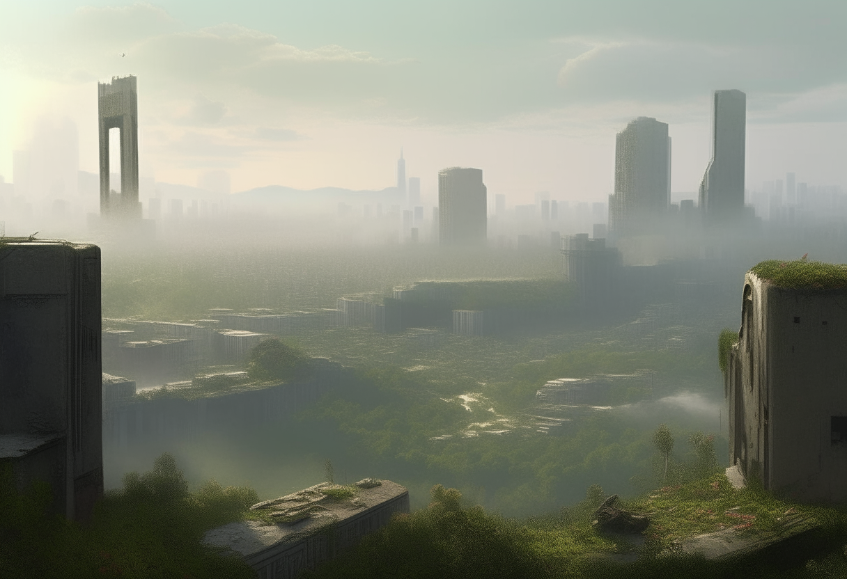 A wide vista shows the remains of a once-bustling metropolis, with towering skyscrapers standing silent among overgrown streets. Crumbling concrete and reclaimed vegetation blend together, nature reclaiming what was once mankind's domain. In the distance, mountains emerge from the haze, eternal witnesses to the city's rise and fall.