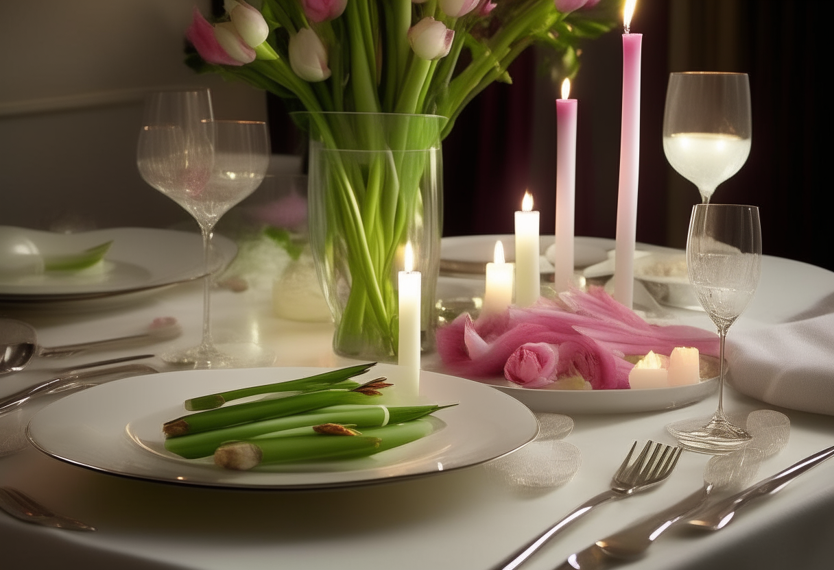 A romantic, softly lit dining table sets the scene, adorned with delicate, white porcelain plates and sparkling crystal glasses. On a serving platter in the center, slender asparagus spears elegantly wrapped with thin, silky slices of prosciutto glisten lightly, their vibrant green and rich pink hues promising a dance of flavors. A light drizzle of olive oil adds a subtle sheen, highlighting their simplicity and elegance, making them the perfect start for a delightful double date dinner.