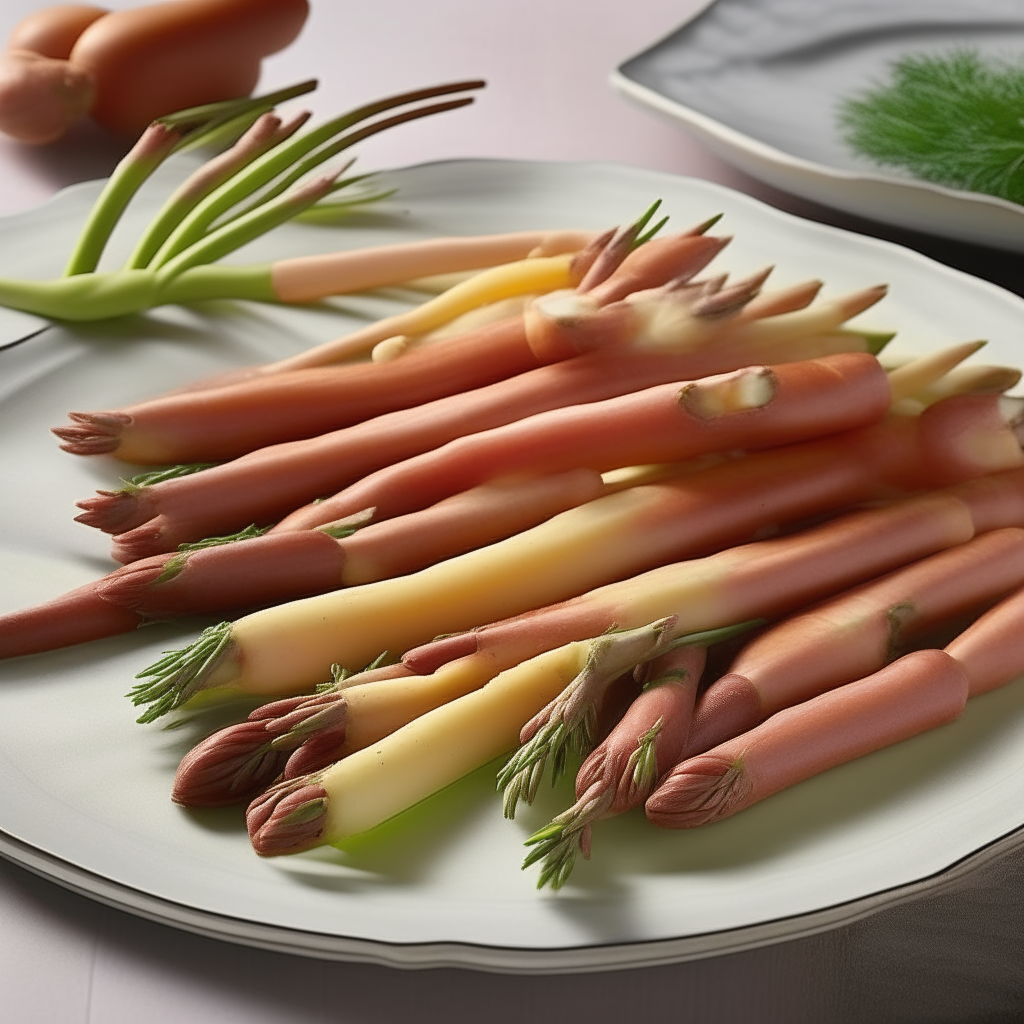 On a serving platter in the center, slender asparagus spears elegantly wrapped with thin, silky slices of prosciutto