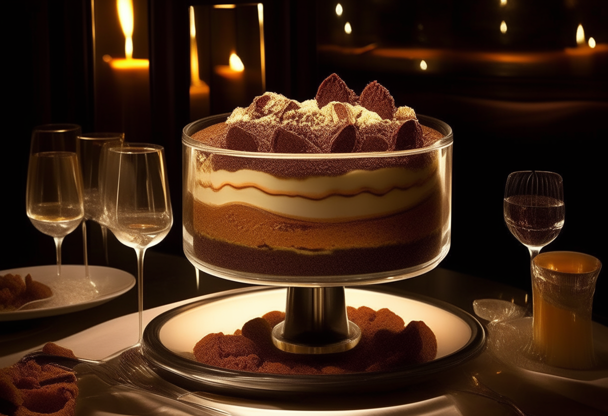 A dimly lit room with a cozy atmosphere features a central glass table, upon which sits an elegant, clear trifle bowl revealing the layers of the Tiramisu. This tempting dessert is beautifully layered with creamy mascarpone, coffee-soaked ladyfingers, and a generous dusting of cocoa powder, creating a visual delight of contrasting colors and textures. Soft ambient light highlights the velvety texture of the mascarpone, inviting guests to indulge.