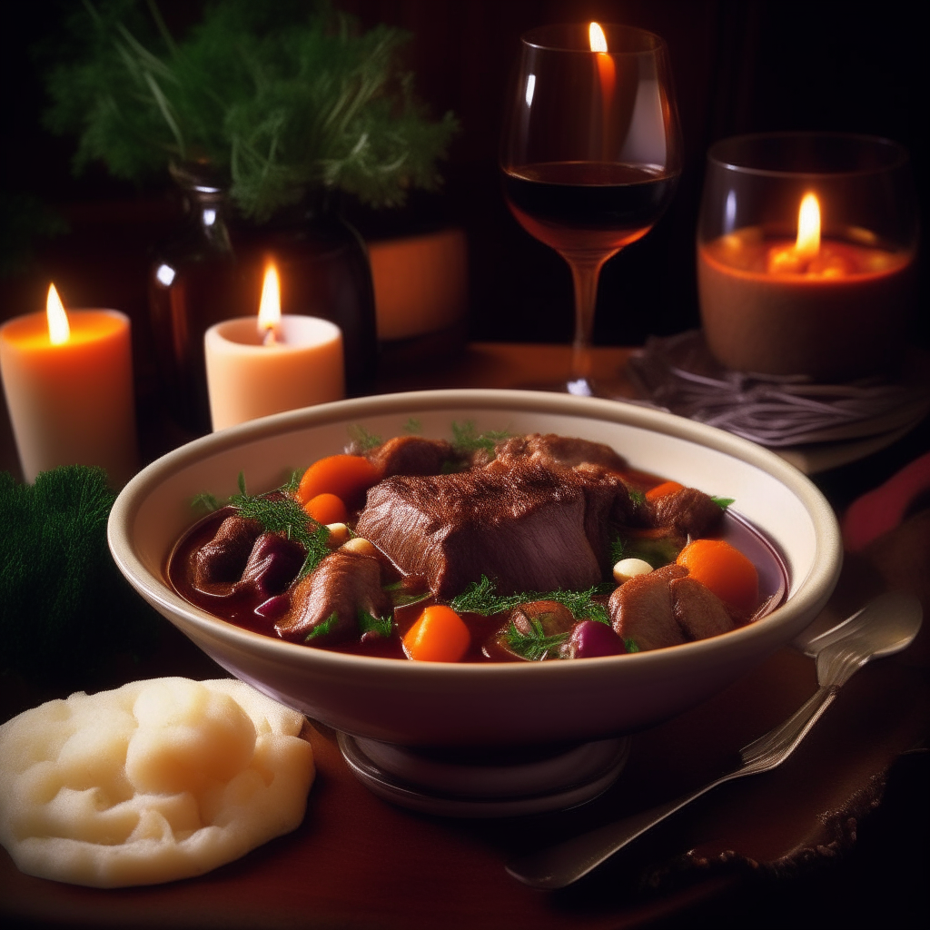 A quaint, romantic dinner table is adorned with candles casting a soft glow, revealing a beautiful, deep bowl brimming with Beef and Red Wine Stew. The stew is a stunning tapestry of tender beef chunks, vibrant carrots, and pearl onions submerged in a rich, burgundy sauce, with fresh parsley sprinkled atop as a garnish. The visual creates an aura of warmth, comfort, and heartiness, perfect for a cozy double-date night at home.