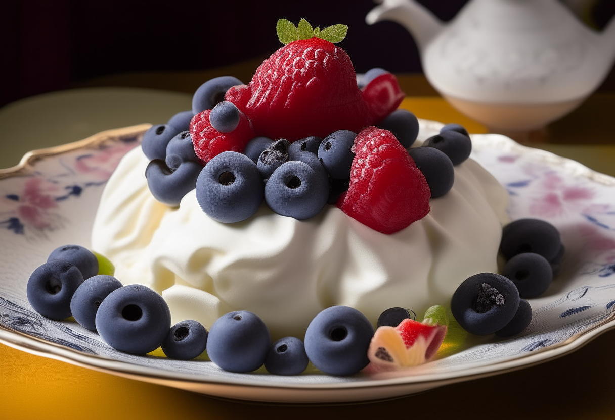 Under soft, ambient lighting, a pristine white porcelain plate cradles an elegant Mixed Berry Pavlova. The pavlova boasts a crisp, golden meringue base with a marshmallow-like interior, generously crowned with fresh, vibrant berries - strawberries, raspberries, and blueberries - and a subtle drizzle of honey. A dusting of powdered sugar and delicate mint leaves garnish this delightful dessert, embodying the sweet, joyful culmination of a delightful double date dinner.