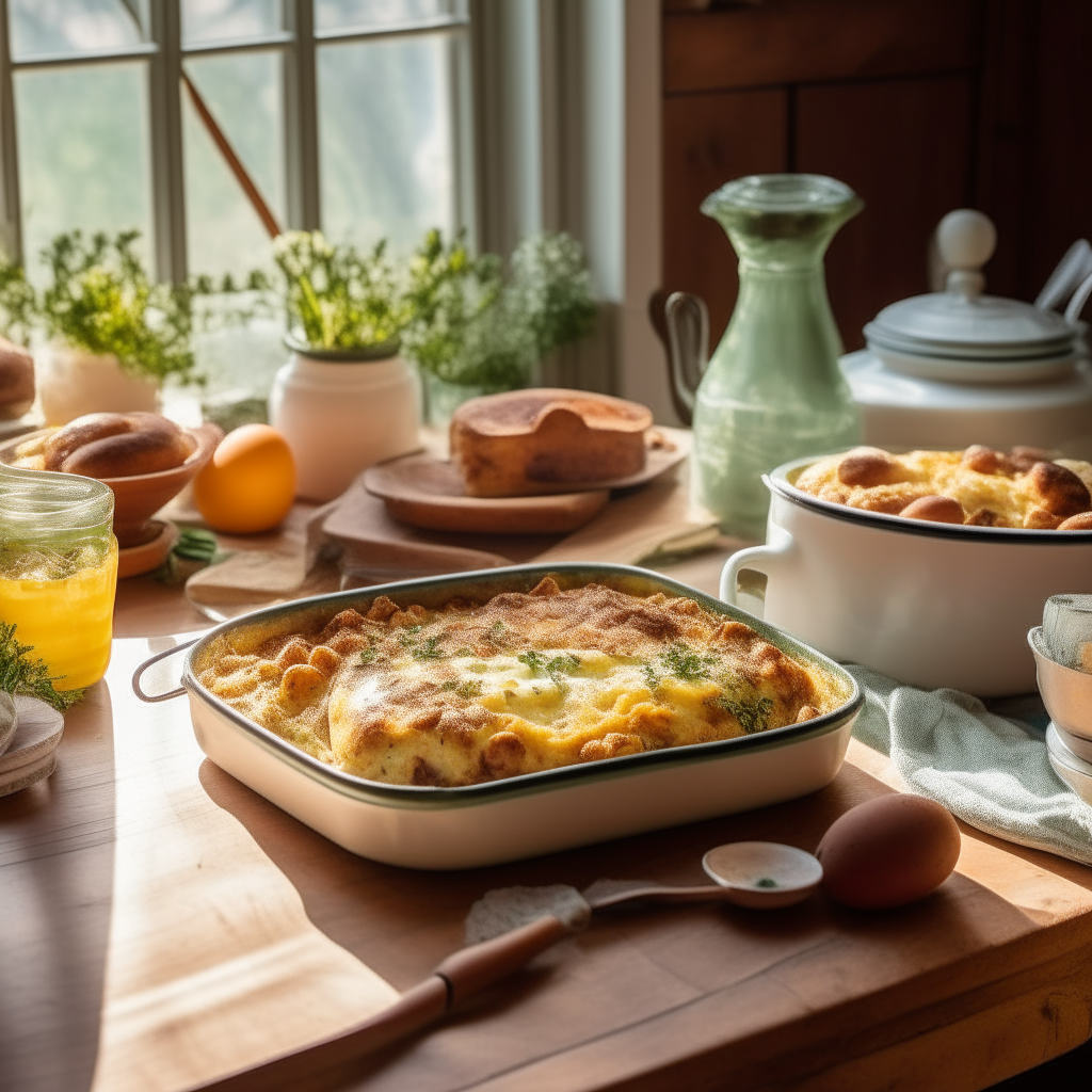 A sunlit, cozy kitchen with a rustic wooden table set for brunch. At the center of the table is a gorgeous ceramic baking dish holding a golden Sausage and Egg Breakfast Casserole. The casserole is enticing with a golden-brown crust, specks of green herbs, chunks of juicy sausage, and pockets of melted cheese visible, inviting everyone to dig in and start their day right.