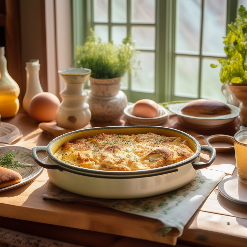 A sunlit, cozy kitchen with a rustic wooden table set for brunch. At the center of the table is a gorgeous ceramic baking dish holding a golden Sausage and Egg Breakfast Casserole. The casserole is enticing with a golden-brown crust, specks of green herbs, chunks of juicy sausage, and pockets of melted cheese visible, inviting everyone to dig in and start their day right.