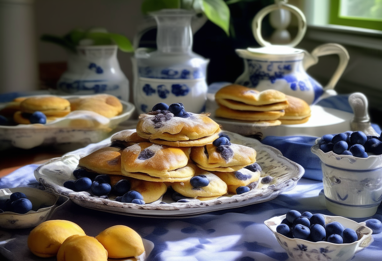 On a vibrant, sunny morning, a beautifully set brunch table showcases a plate stacked with heavenly Blueberry Scones with Clotted Cream. Each scone is perfectly golden-brown, with bursts of bright, juicy blueberries peeking through the flaky, buttery layers. Beside the plate, a quaint dish of clotted cream and fresh blueberries are ready to accompany the scones, crafting a scene of pure indulgence and delight.