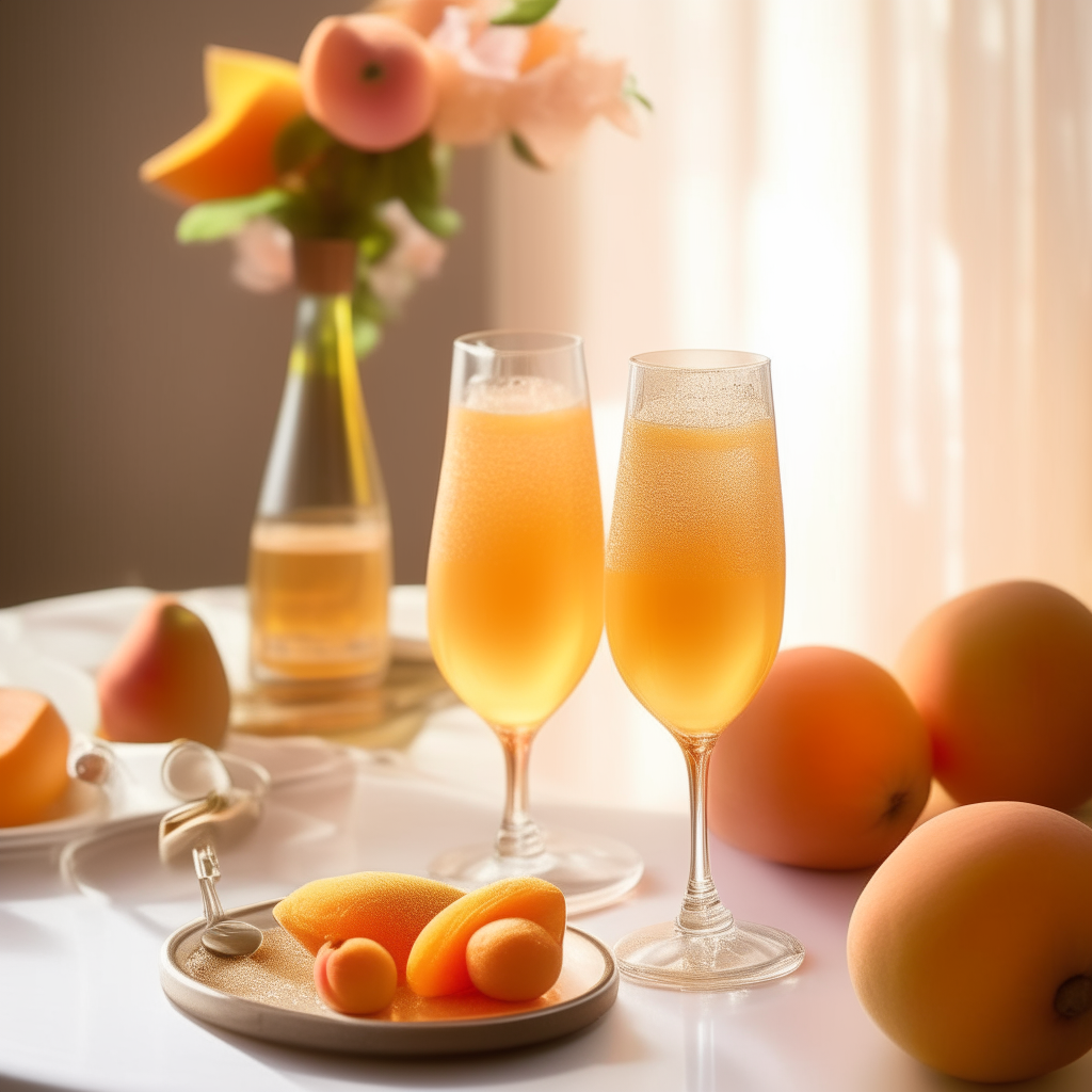 A brunch scene bathed in soft, morning light with a focus on two elegant, sparkling glasses of Peach Bellini. Each glass contains a luscious, smooth peach purée at the bottom, gradually blending into the vibrant, bubbly Prosecco above, creating a visually captivating gradient of orange and gold. Beside the glasses, fresh, juicy peaches and a chilled bottle of Prosecco are artfully arranged, ready for refills and toasts to a blissful morning.