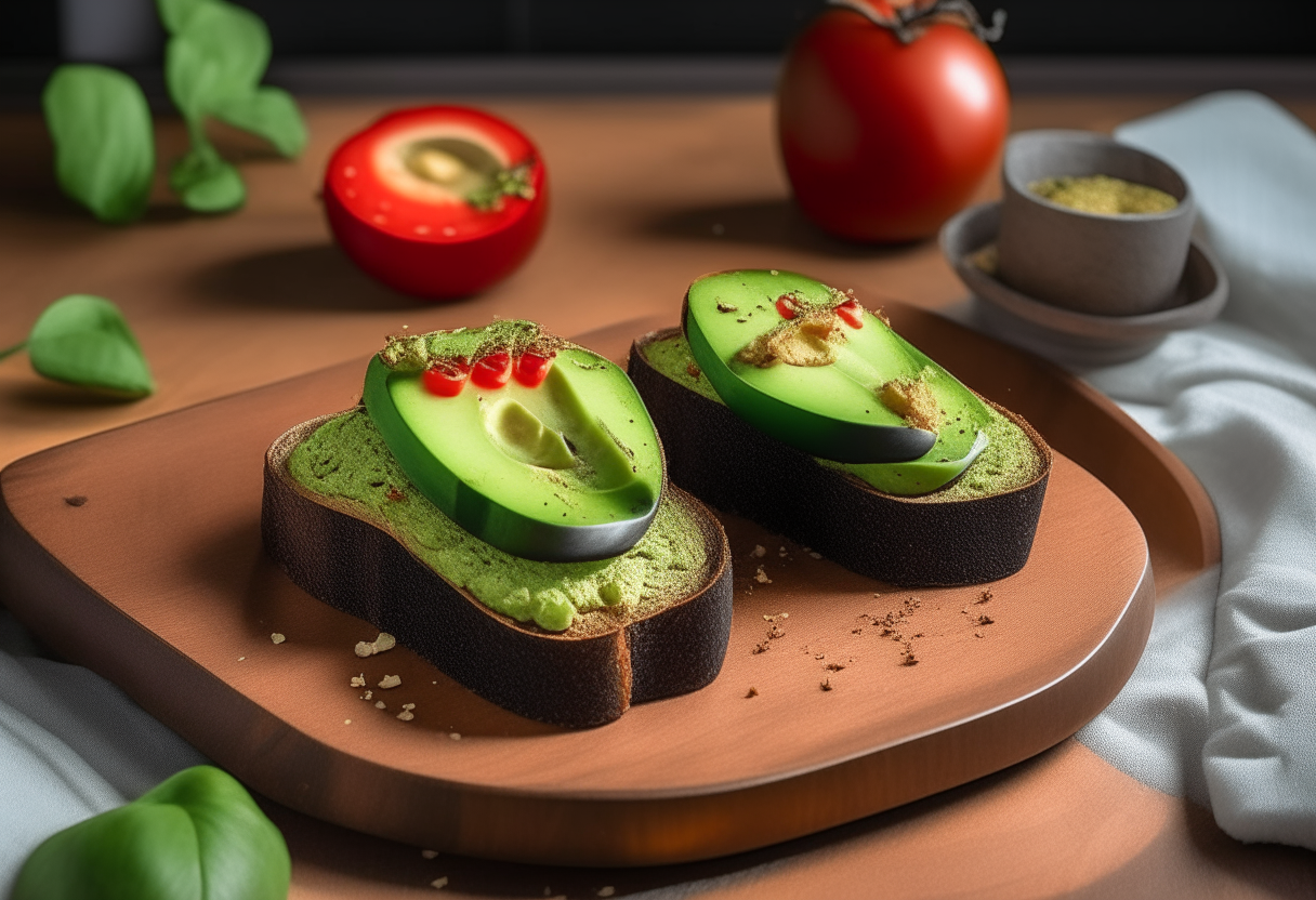 A sleek wooden table adorned with sunlit, freshly made Avocado and Tomato Toasts. The toast boasts a generous layer of mashed avocado, crowned with ripe, juicy tomato slices, a sprinkle of fresh basil, and a dash of sesame seeds. The edges of the toast are perfectly golden, and a drizzle of olive oil lends a glistening finish. Next to the plate, there's a small bowl of fresh basil and a decorative bottle of olive oil.