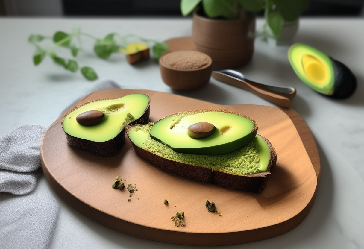 A sleek wooden table adorned with sunlit, freshly made Avocado Toasts. The toast is spread with a generous layer of creamy, mashed avocado. The mash is smooth and even, with a bright green color. Next to the plate, there's a small bowl of ripe avocados and a bottle of olive oil.