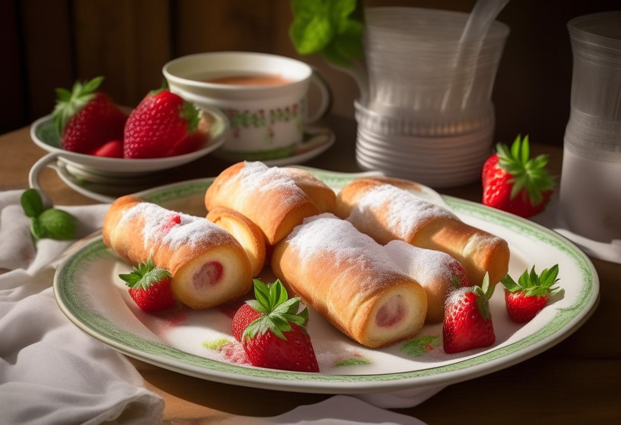 A cozy, sunlit kitchen table set with a plate of tempting Stuffed French Toast Rolls. Each roll is golden and crispy on the outside, revealing a core generously filled with cream cheese and juicy strawberries. The rolls are dusted with powdered sugar and garnished with fresh mint leaves, creating an enticing, sweet morning treat to delight in with friends.