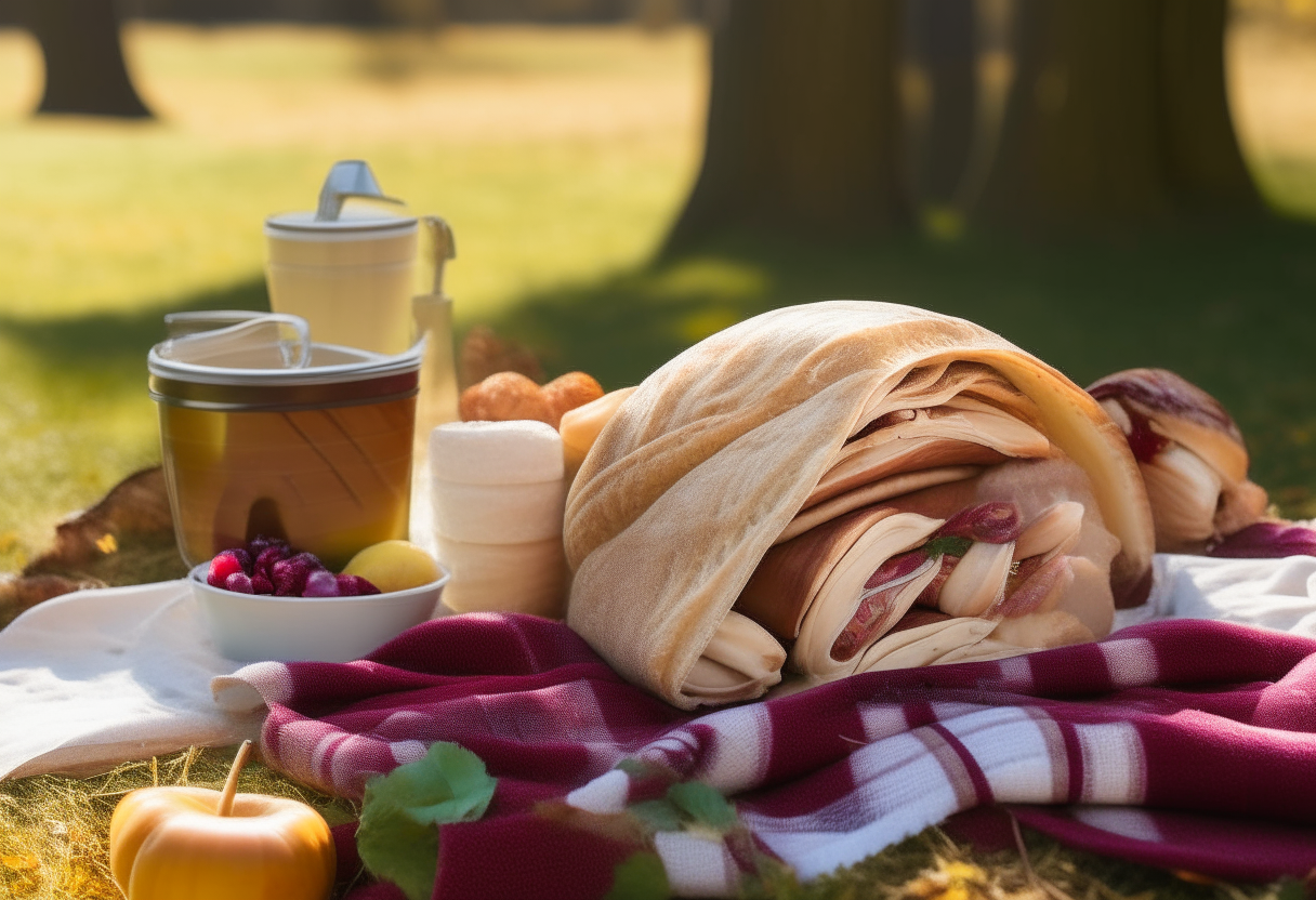 A vibrant picnic setting in a sunny park with a blanket laid out, featuring a Turkey, Cranberry, and Brie Wrap neatly cut in half, showcasing the layers inside. The wrap’s interior reveals thin slices of turkey, melting brie, and a smear of cranberry sauce, all tightly rolled in a soft, golden tortilla. The scene is complemented by fresh fruits and cold beverages beside the wrap, under the clear blue sky.