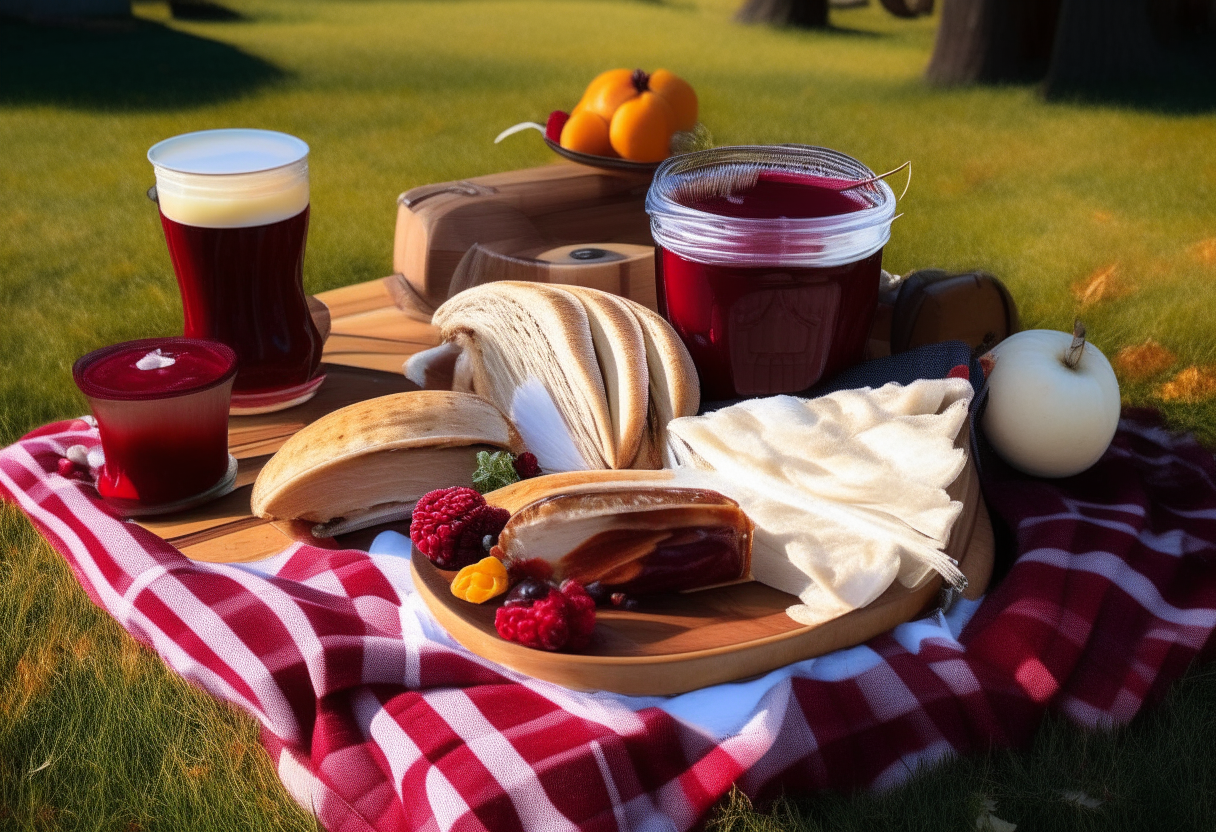 A vibrant picnic blanket in a sunny park with turkey, cranberry sauce, brie cheese, fruits and beverages artfully arranged. The main focus is a small turkey, cranberry and brie wrap cut in half showing the interior ingredients. The wrap is surrounded by whole fruits, a cutting board with brie, a bowl of cranberry sauce, and cold drinks, all spread out on the blanket under a blue sky.