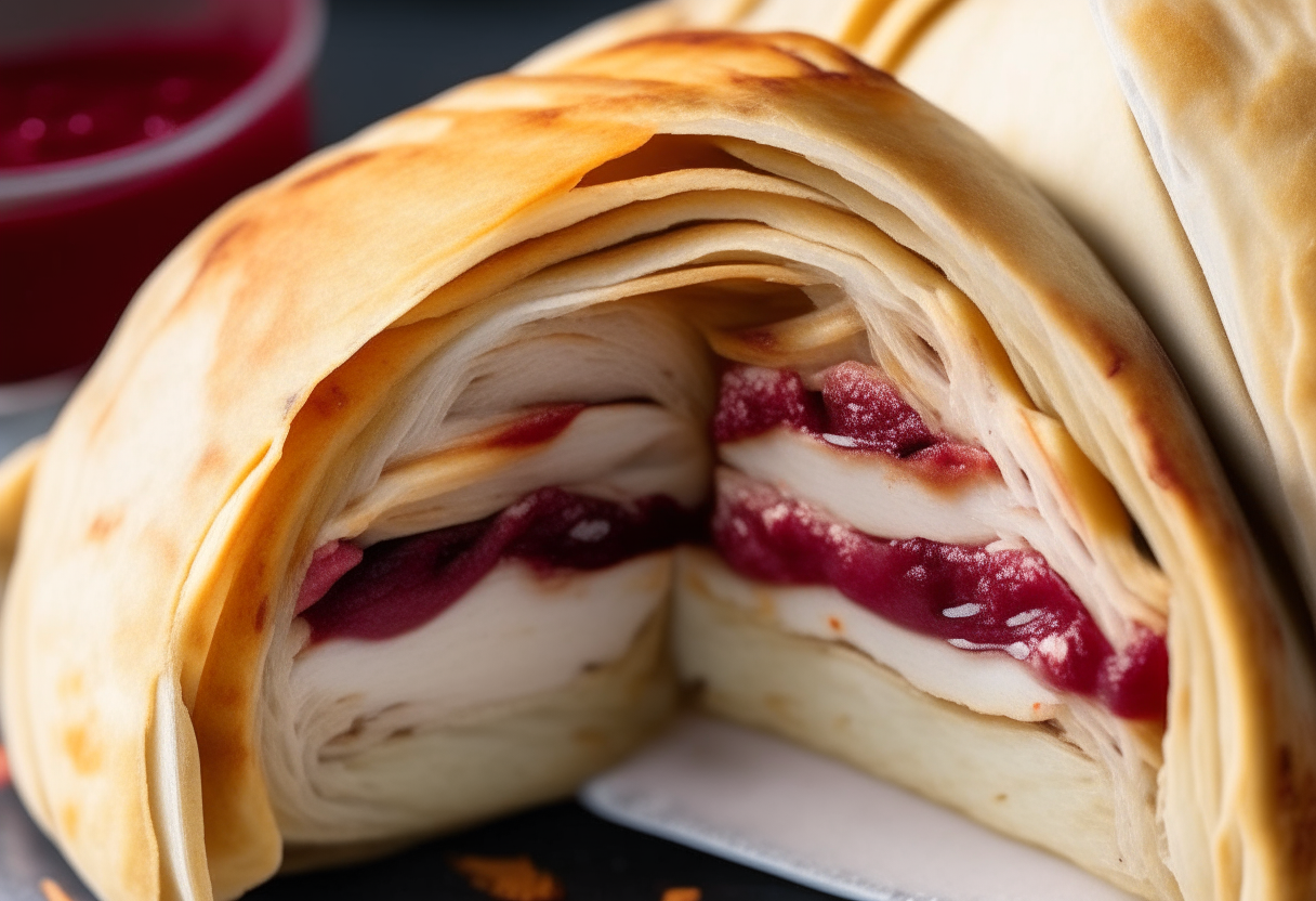 A close up photo of a turkey, cranberry and brie wrap cut in half, showing the interior ingredients of turkey, cranberry sauce and brie cheese layered tightly together inside a golden tortilla.