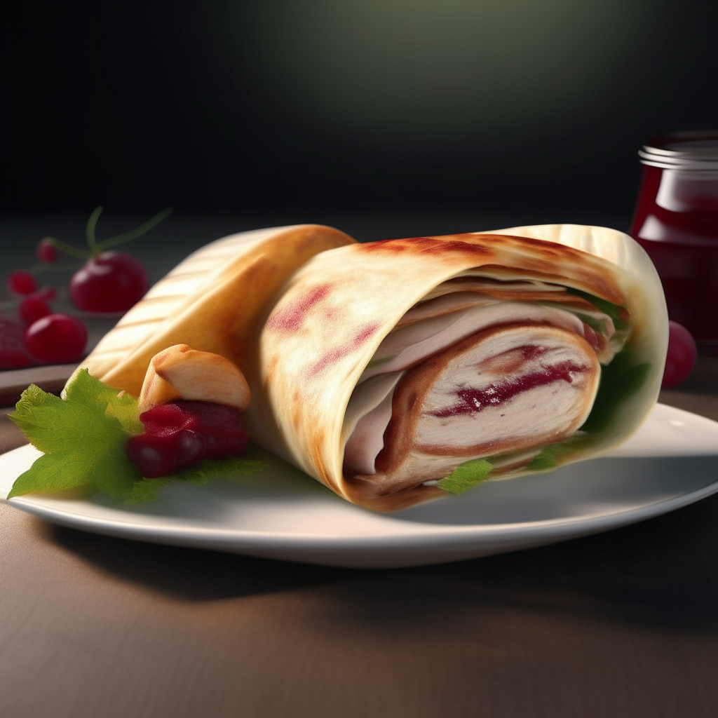 a delicious looking turkey, cranberry and brie wrap on a plate, photorealistic