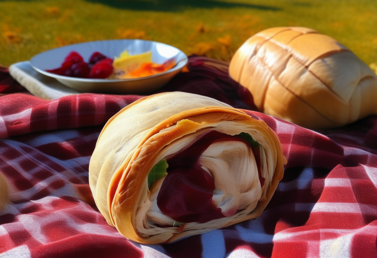 A vibrant picnic blanket laid out in a sunny park. On the blanket is the close up photo of the turkey, cranberry and brie wrap from image 18, cut in half showing the interior ingredients.