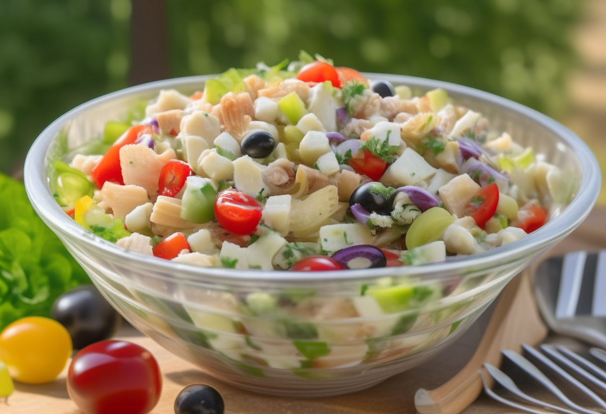 A bright and colorful image set in a breezy park. A large, clear bowl sits on a checkered picnic blanket, filled with Greek Pasta Salad. The salad sparkles under the sunlight, revealing a mix of cooked pasta, diced tomatoes, cucumber, red onion, and crumbled feta, all tossed in a zesty vinaigrette and garnished with sliced olives and fresh parsley.