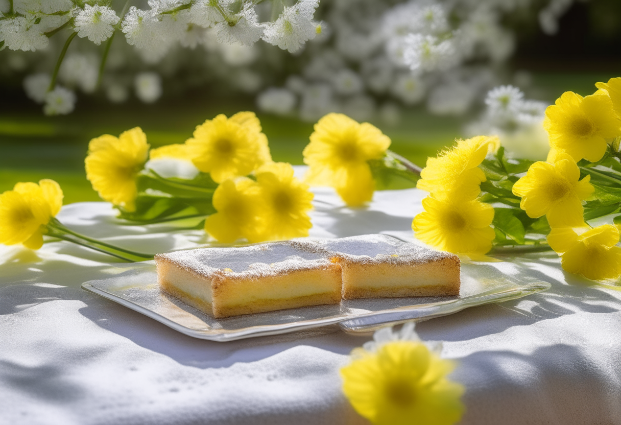 A cheerful, sunlit park scene is captured, featuring a platter of irresistible Lemon Squares. Each square is perfectly cut, revealing a layer of buttery crust and a tangy lemon filling, topped with a dusting of powdered sugar. The Lemon Squares sit next to a bouquet of vibrant wildflowers and a pair of sunglasses, illustrating a relaxed and joyous picnic atmosphere.