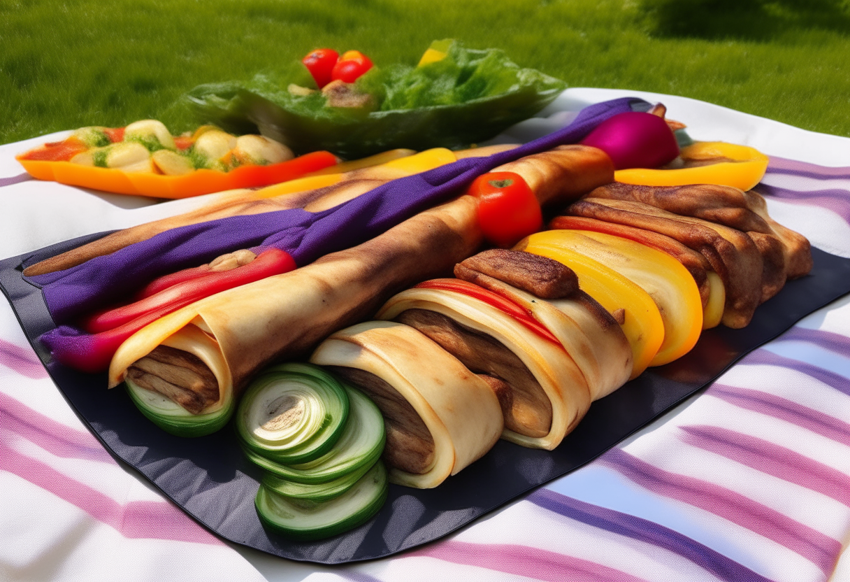 The image is set at a serene park. A platter of vibrant Grilled Vegetable Wraps lies on a checkered picnic blanket. Each wrap is snugly rolled, filled with colorful grilled vegetables, including bell peppers, zucchinis, red onions, and portobello mushrooms, glistening with a light brushing of olive oil and seasoned to perfection.