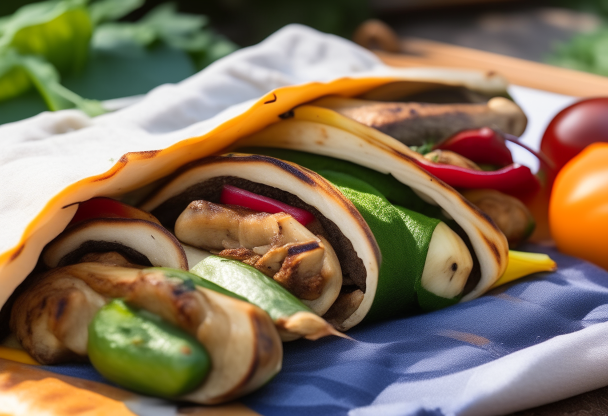 A close up photo of grilled vegetable wraps on a picnic blanket, filled with grilled peppers, zucchini, onions and mushrooms. The wraps look fresh, appetizing and ready to eat.