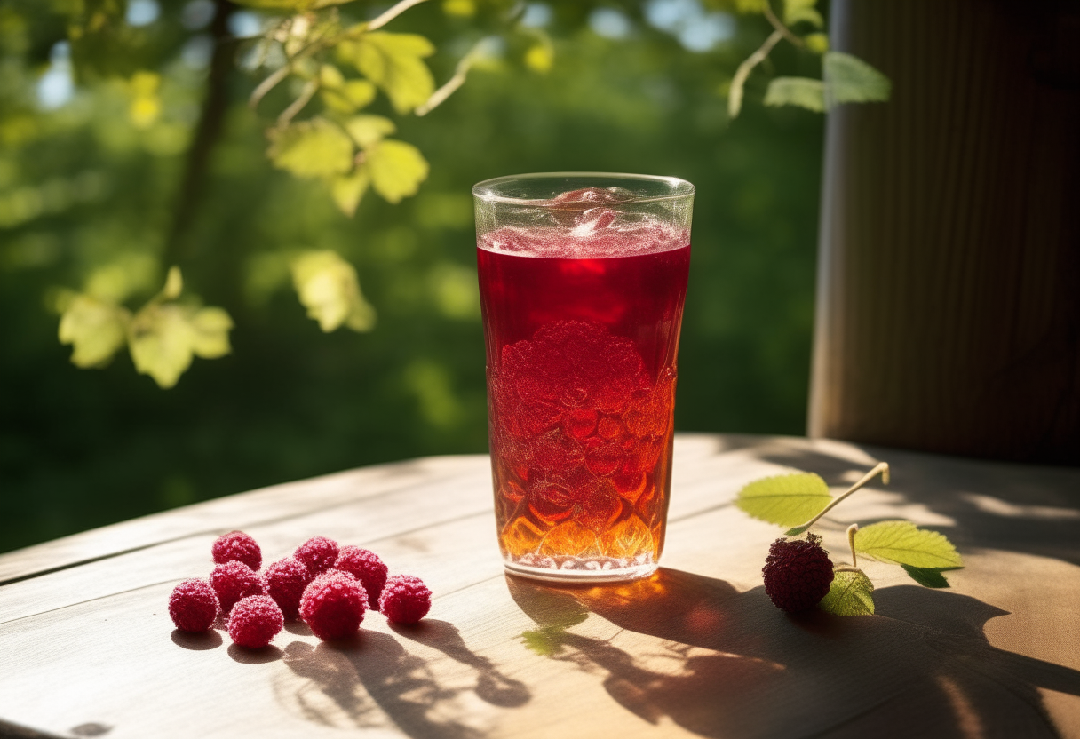 Underneath a sprawling oak tree in a lively park, a tall, dew-kissed glass of Homemade Raspberry Iced Tea sits atop a worn, yet charming, wooden table. Crimson raspberries float amidst the swirling, amber liquid, casting playful shadows on the glass's surface, embodying the essence of a relaxing summer picnic.