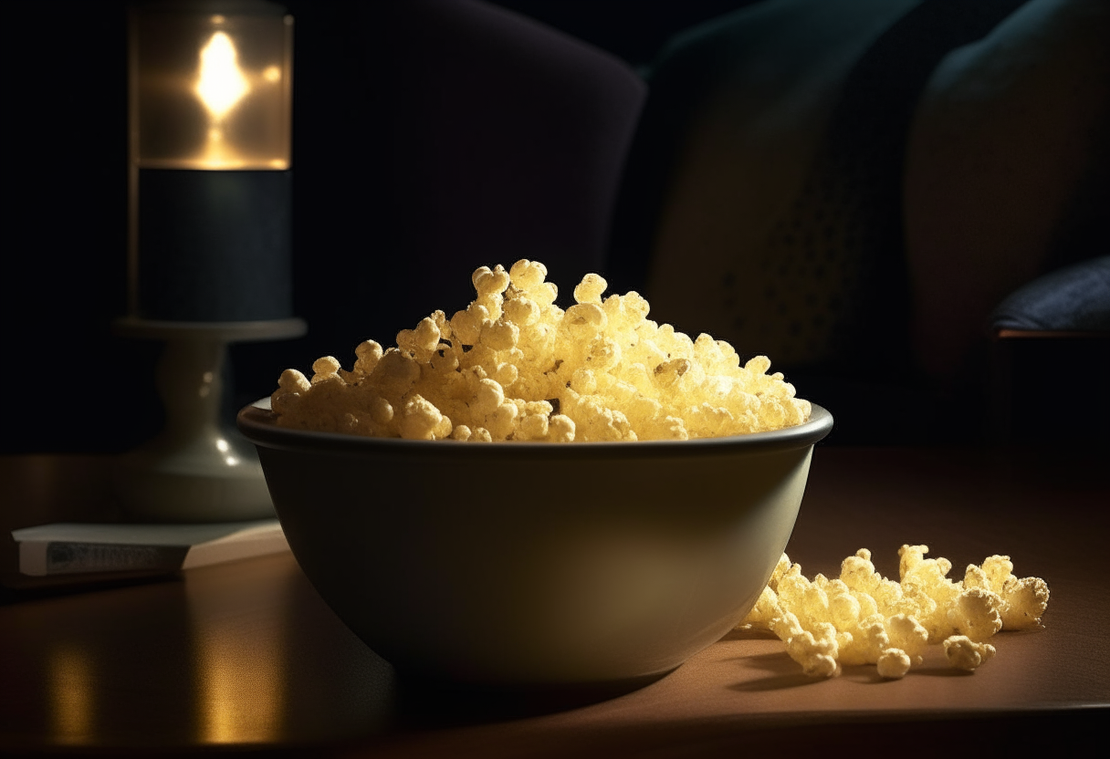 In the dim glow of a movie night setting, a single large bowl overflowing with freshly popped Garlic Parmesan Popcorn sits invitingly on a coffee table. The popcorn gleams under the subtle light.