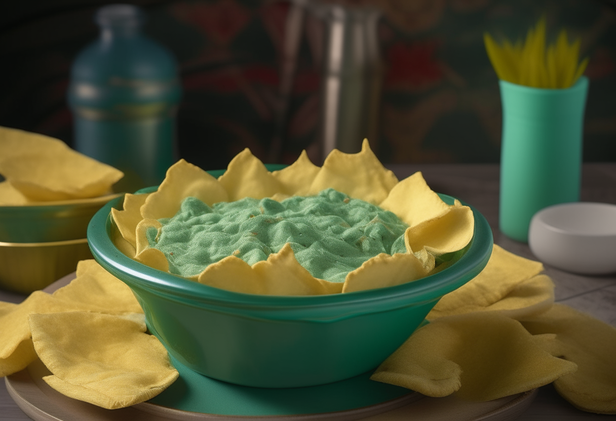 Nestled on a cozy living room floor amidst a scattering of soft, colorful cushions, a vibrant, ceramic bowl brimming with creamy Spinach and Artichoke Dip takes center stage. Golden, crispy pita chips fan out around the bowl, ready to scoop up the luscious, green-flecked dip, all under the flickering light of a classic movie playing in the background.