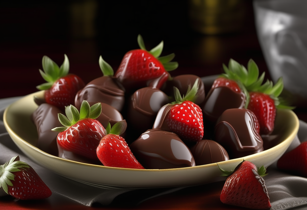 On a white porcelain plate placed on a soft, dark blanket, a collection of large, luscious strawberries dipped in glossy, dark chocolate are arranged. Each strawberry is partially enveloped by the hardened, shiny chocolate, creating a harmonious balance of sweet and tart, crunchy and soft. The dim glow of the screen lights up the arrangement, inviting movie watchers to reach out and pick one.