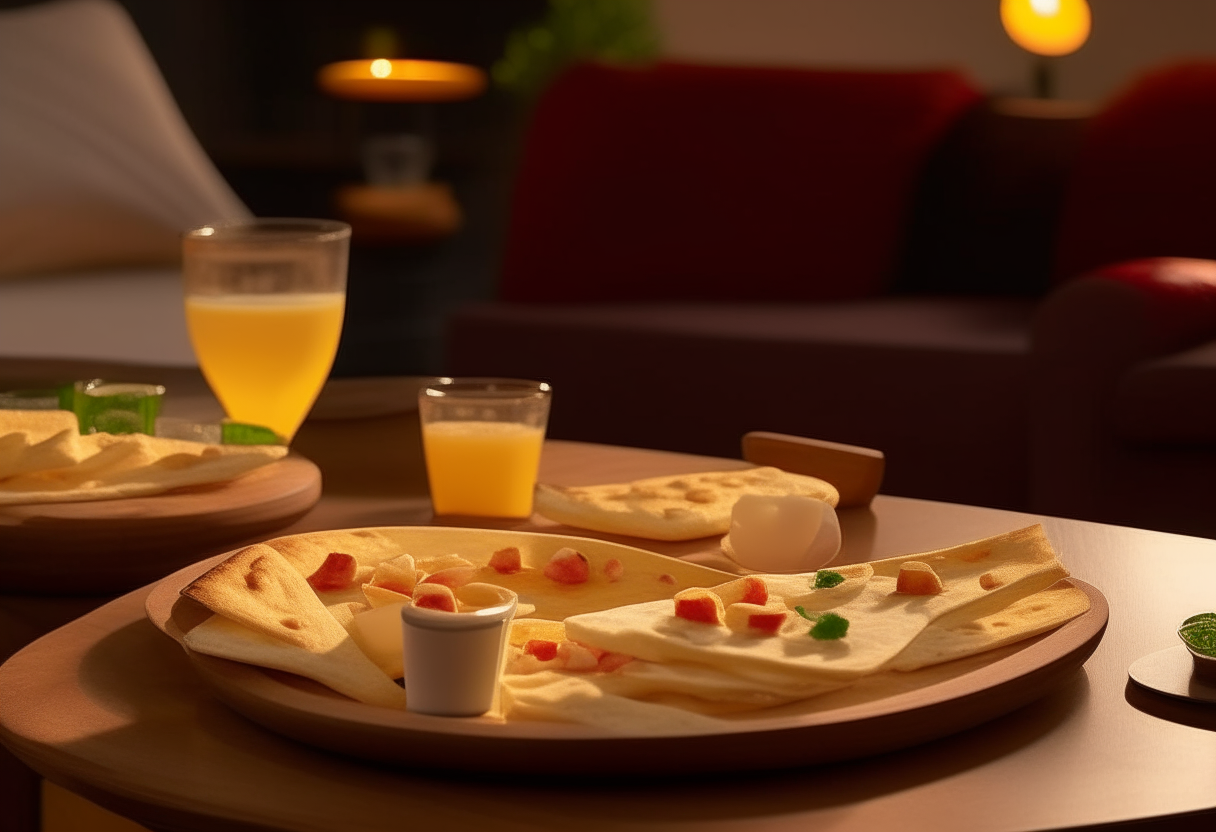 A warm, ambient glow illuminates a wooden coffee table set for a cozy movie night. Atop the table, a white plate showcases mini cheese quesadillas, each quarter-sized piece golden and crisp with melted cheese peeking through. Next to the plate, a small bowl of vibrant, zesty salsa and a cool, creamy dollop of sour cream await to enhance each bite.