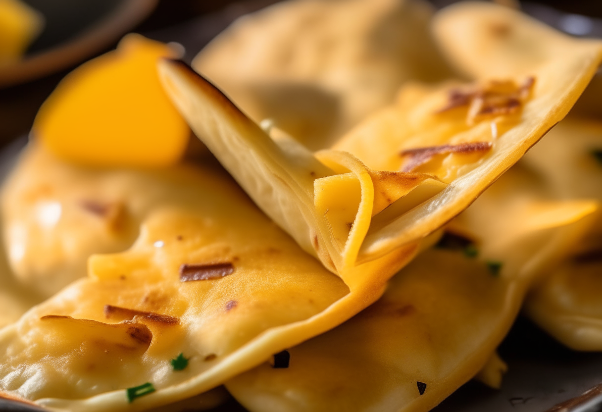 A close up photo of mini cheese quesadillas on a plate, lit warmly. Each piece looks golden, crisp and flaky, with melted cheese oozing out. The quesadillas look freshly made and appetizing.