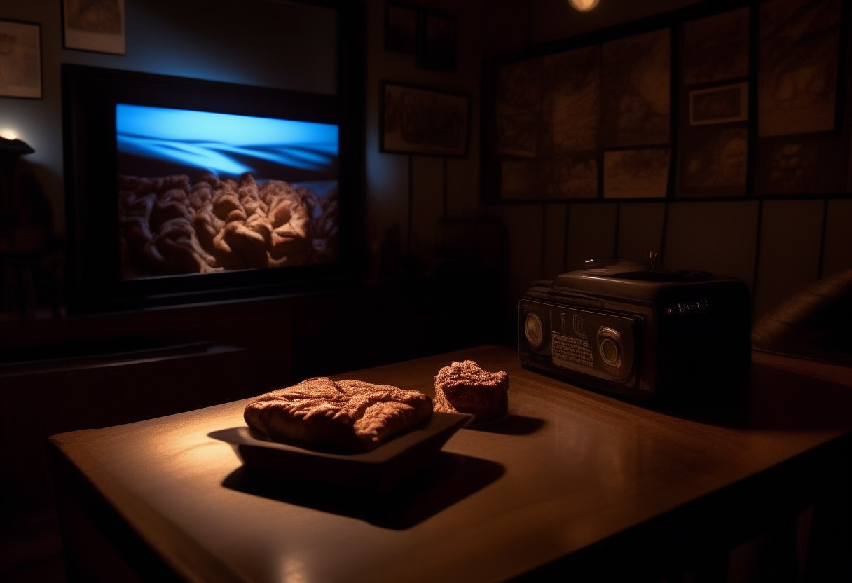 A dimly lit room with a large screen projecting a classic movie. On a low wooden table in the foreground, a plate of fudgy peanut butter and chocolate brownies is placed. The brownies have visible swirls of peanut butter, looking decadent and tempting.