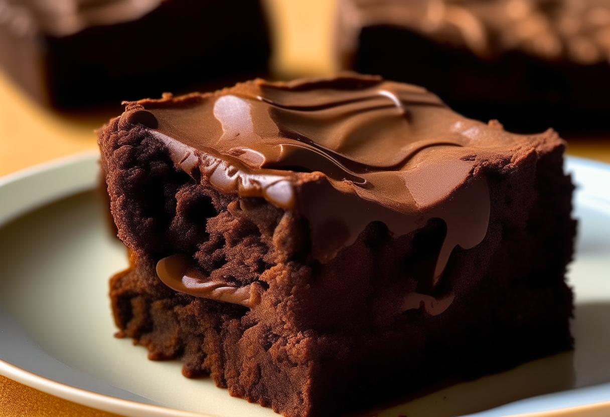 A close up photo of fudgy peanut butter and chocolate brownies on a plate, lit warmly. The brownies have a moist, decadent texture with visible swirls of peanut butter throughout.